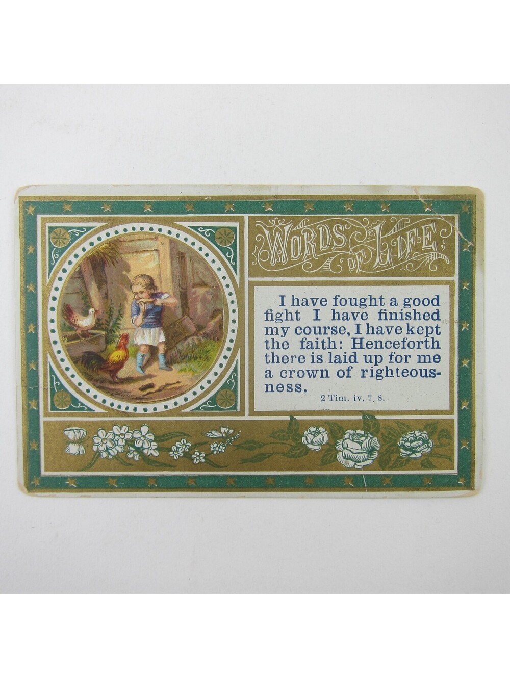 Victorian Prayer Card Child Missing Shoe Rooster Chicken Bible Verse Antique